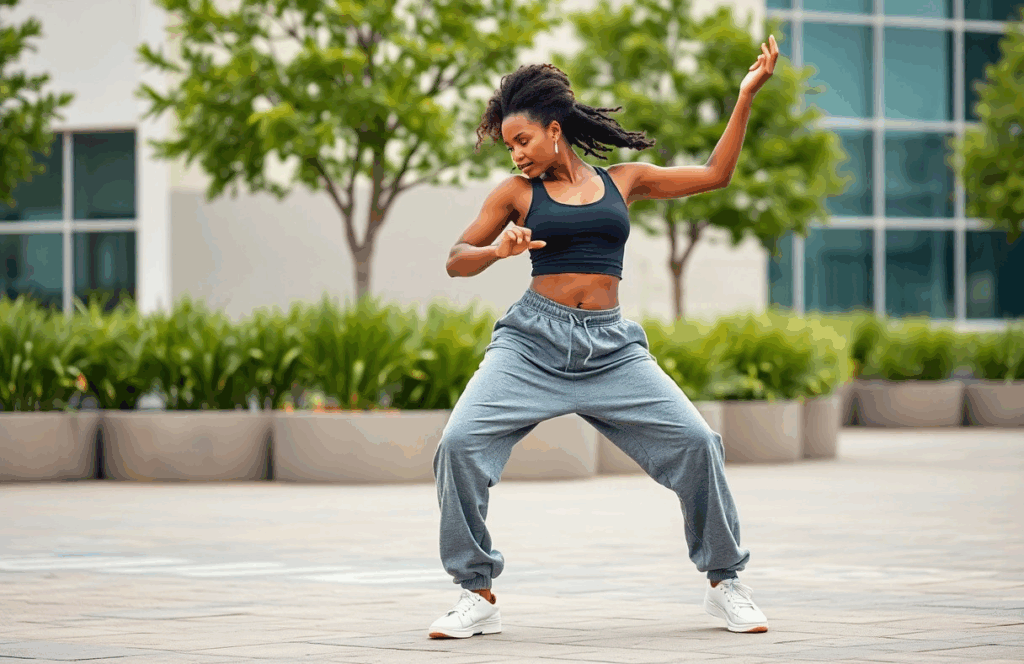 Junge Frau tanzt mit voller Energie